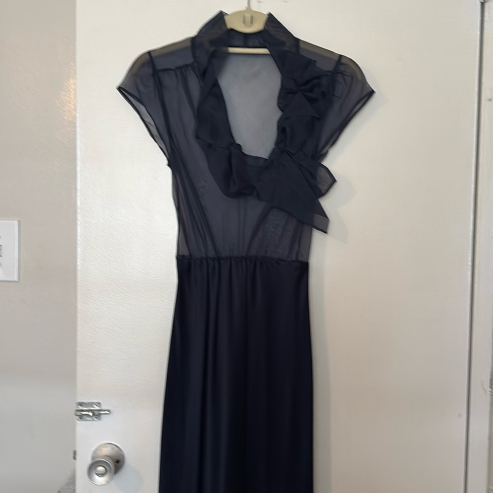 Cocktail Navy Blue silk dresss with sash, made in a boutique. Sheer on top.